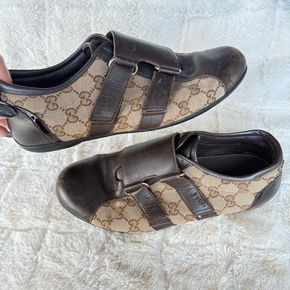 Gucci Brown Monogram Leather & Canvas Slip-On Sneakers